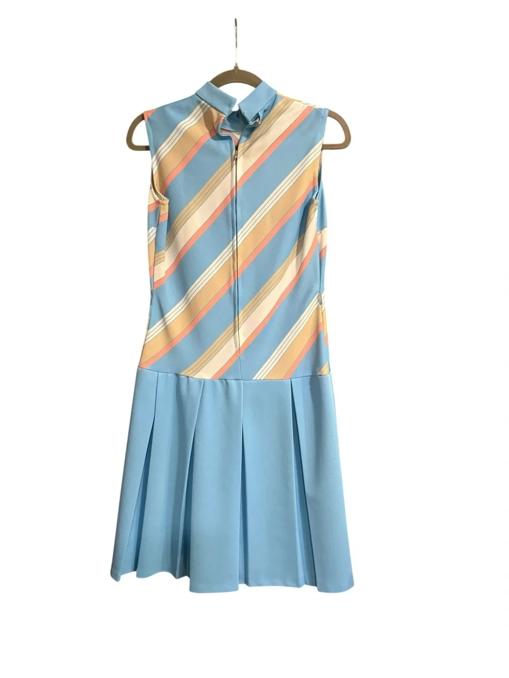 Vintage 1960s Mod Pastel Stripe Dress & Jacket Set Blue Pleated Skirt 2pc